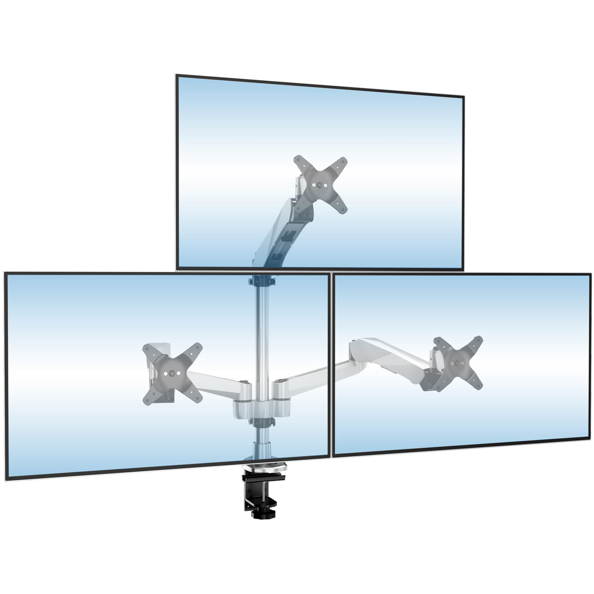 Full Motion Triple Pyramid Monitor Desk Mount with Gas Spring Arms Silver Monitor Mount - CLiX Series Full Motion Triple Pyramid Monitor Desk Mount with Gas Spring Arms - Mount-It! - MI-55116