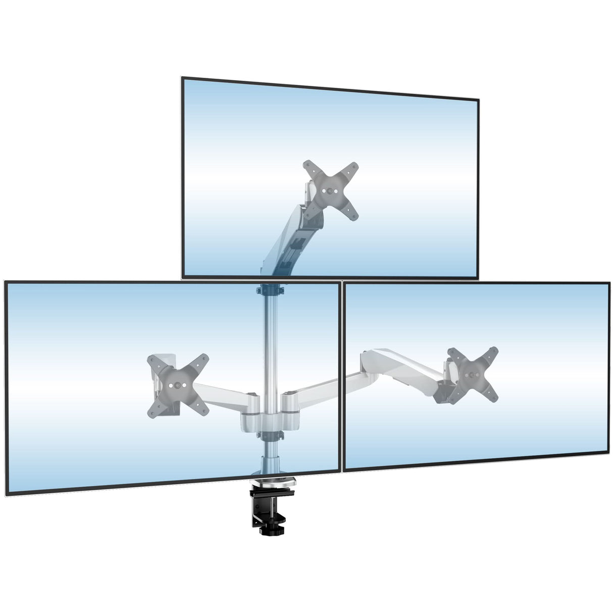 Full Motion Triple Pyramid Monitor Desk Mount with Gas Spring Arms Silver Monitor Mount - CLiX Series Full Motion Triple Pyramid Monitor Desk Mount with Gas Spring Arms - Mount-It! - MI-55116