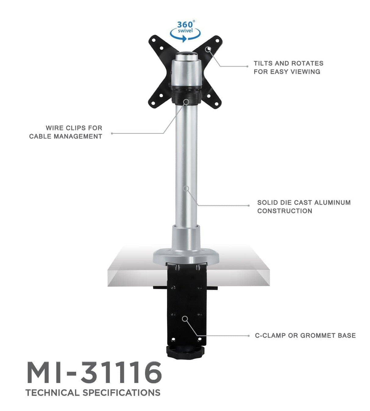 Compact Single Monitor Desk Mount - Clamp and Grommet Silver Monitor Mount - Compact Single Monitor Desk Mount - Mount-It! - MI-31116