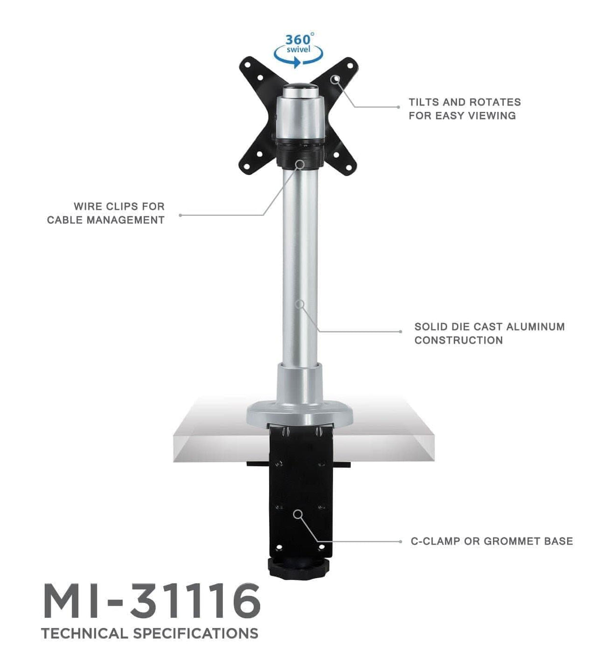 Compact Single Monitor Desk Mount - Clamp and Grommet Silver Monitor Mount - Compact Single Monitor Desk Mount - Mount-It! - MI-31116