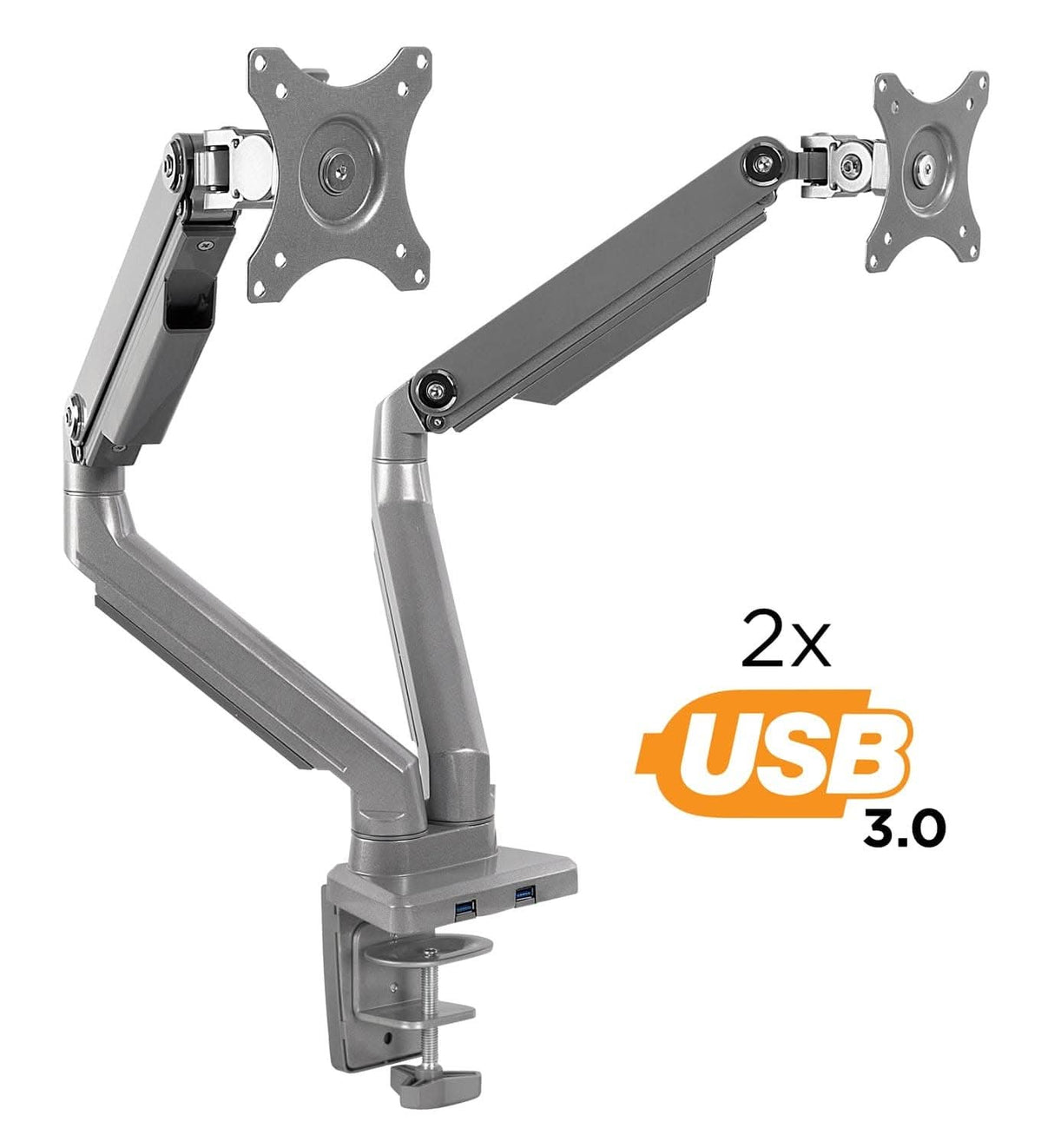 Dual Monitor Desk Mount w/ USB Ports Silver Monitor Mount - Dual Monitor Desk Mount w/ USB Ports - Mount-It! - MI-2762