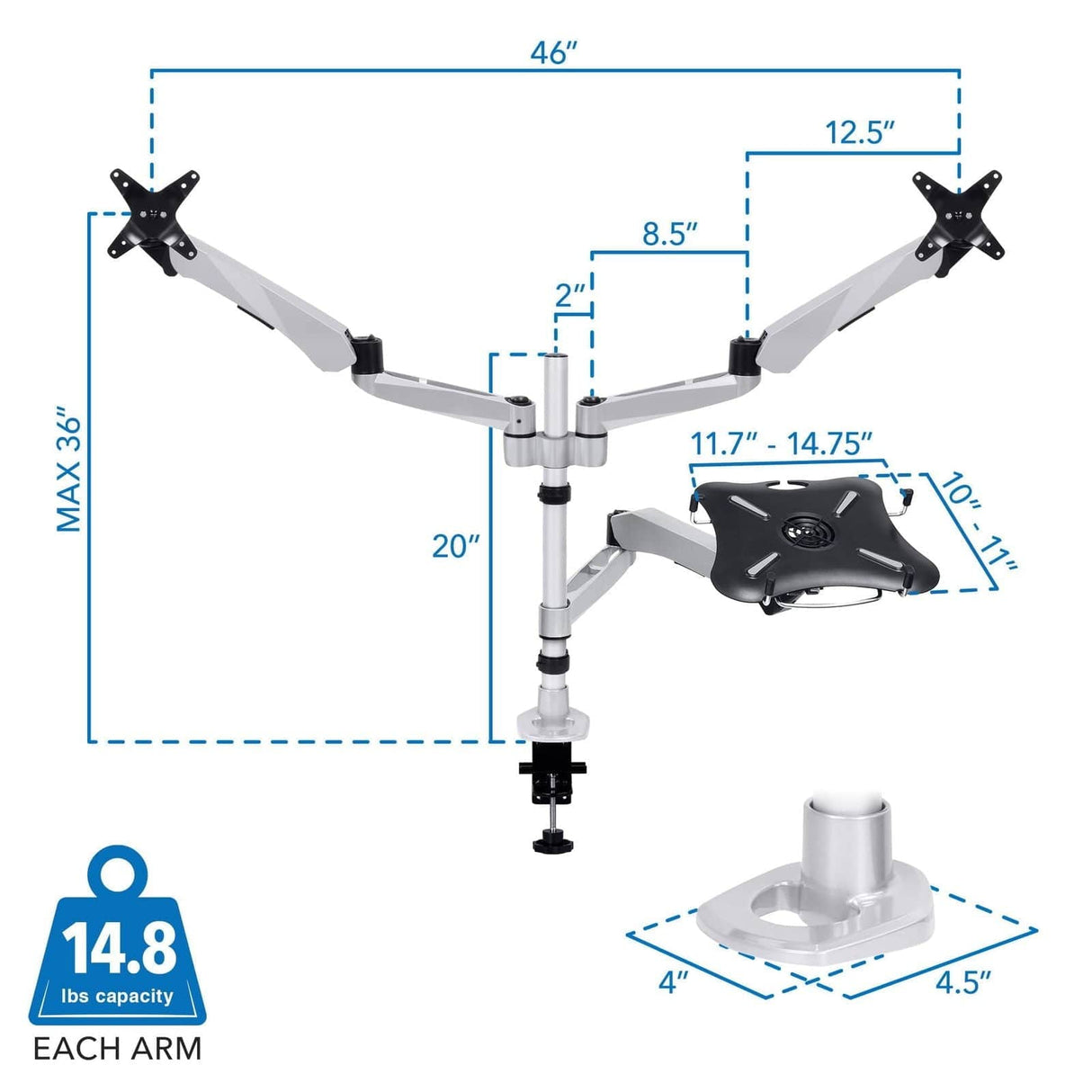 Dual Monitor & Laptop Mount with Cooling Fan for Grommet Installation Silver Monitor Mount - Dual Monitor & Laptop Mount with Cooling Fan - Mount-It! - MI-75821
