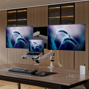 Silver Monitor Mount - Full Motion Dual Monitor + Laptop Mount with Cooling Fan - Mount-It! - MI-75826 Silver Monitor Mount - Full Motion Dual Monitor + Laptop Mount with Cooling Fan - Mount-It! - MI-75826