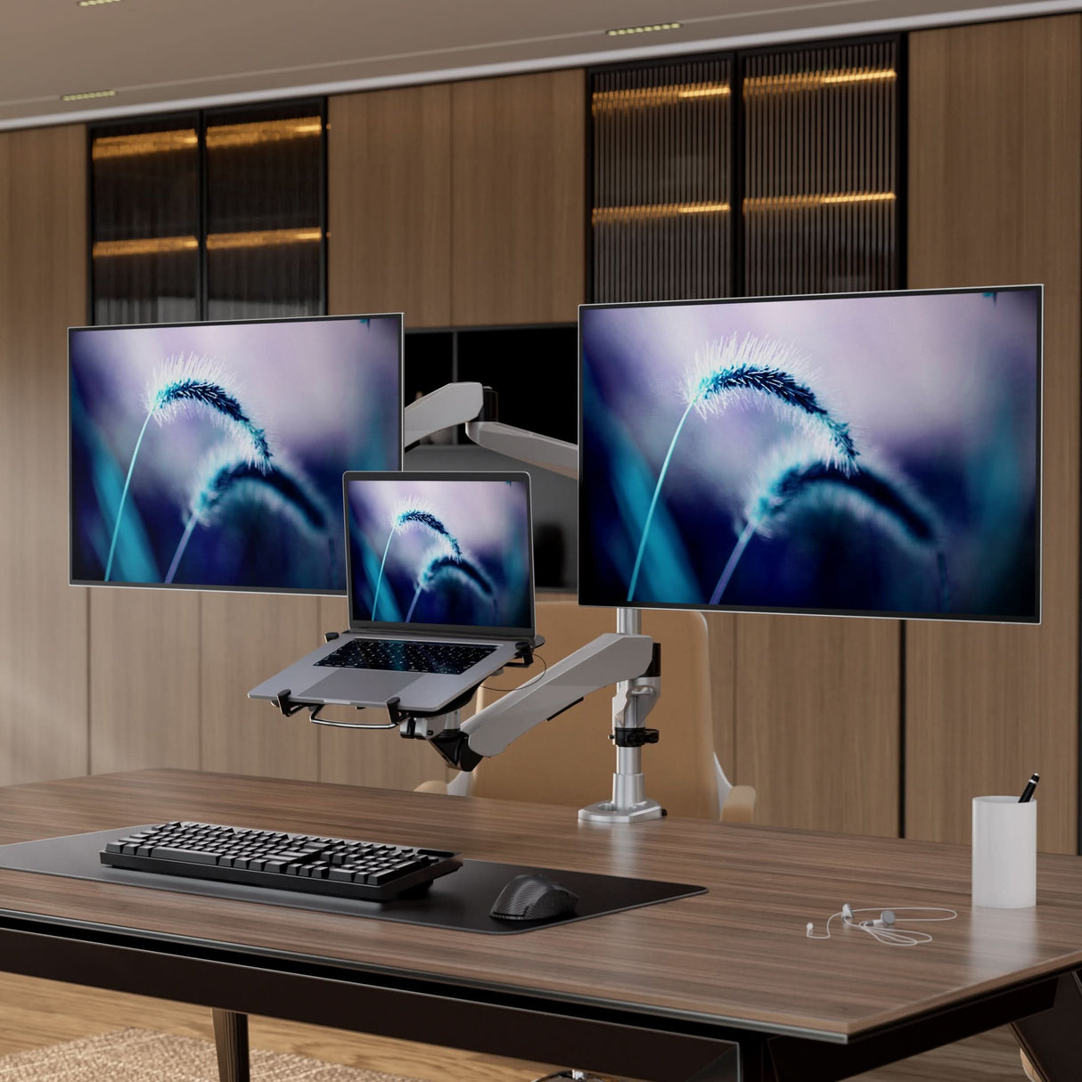 Full Motion Dual Monitor + Laptop Mount with Cooling Fan Silver Monitor Mount - Full Motion Dual Monitor + Laptop Mount with Cooling Fan - Mount-It! - MI-75826