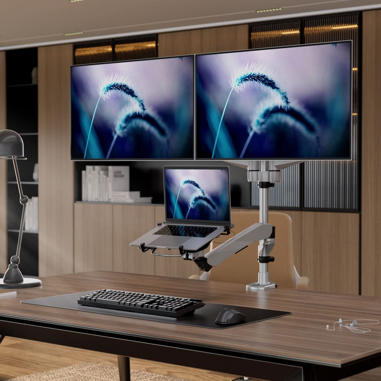 Full Motion Dual Monitor + Laptop Mount with Cooling Fan Silver Monitor Mount - Full Motion Dual Monitor + Laptop Mount with Cooling Fan - Mount-It! - MI-75826