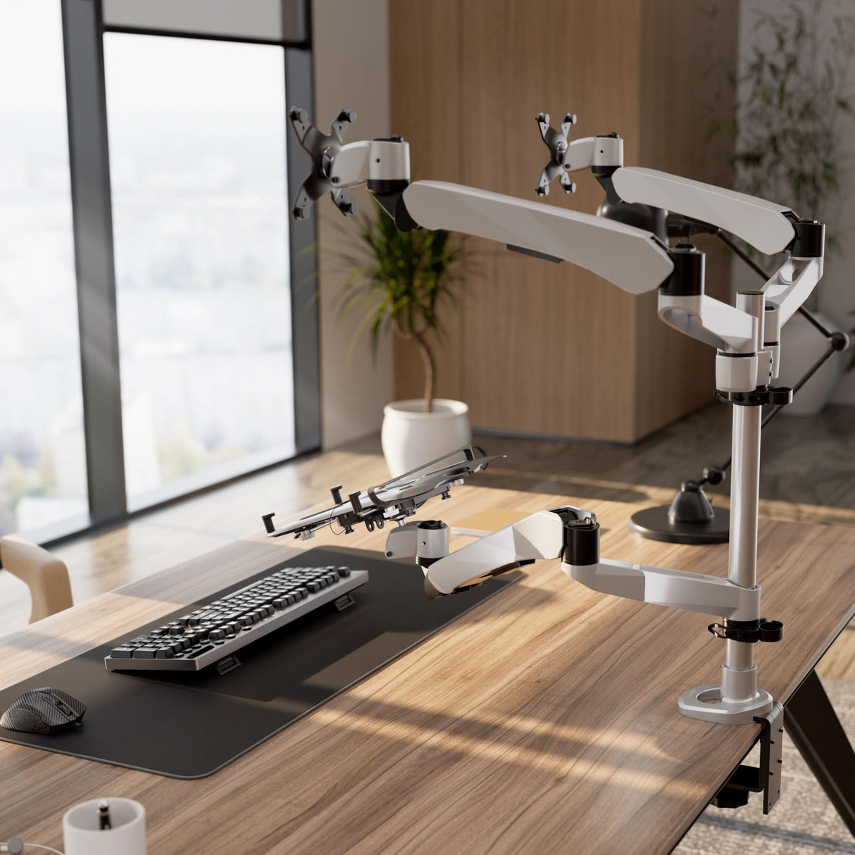 Full Motion Dual Monitor + Laptop Mount with Cooling Fan Silver Monitor Mount - Full Motion Dual Monitor + Laptop Mount with Cooling Fan - Mount-It! - MI-75826