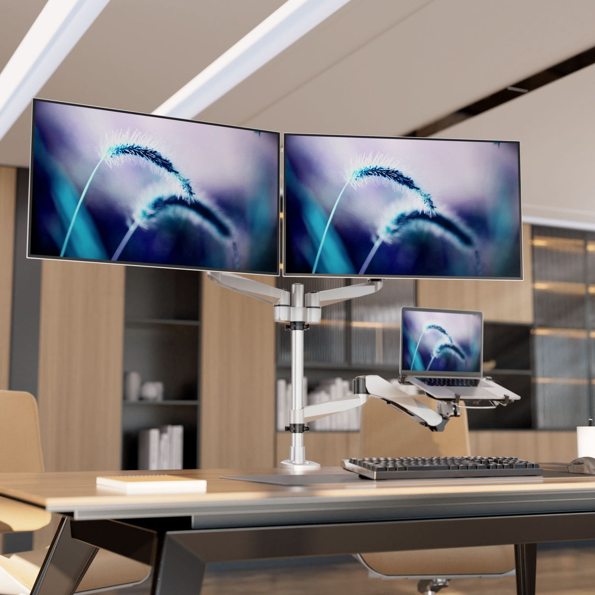 Full Motion Dual Monitor + Laptop Mount with Cooling Fan Silver Monitor Mount - Full Motion Dual Monitor + Laptop Mount with Cooling Fan - Mount-It! - MI-75826