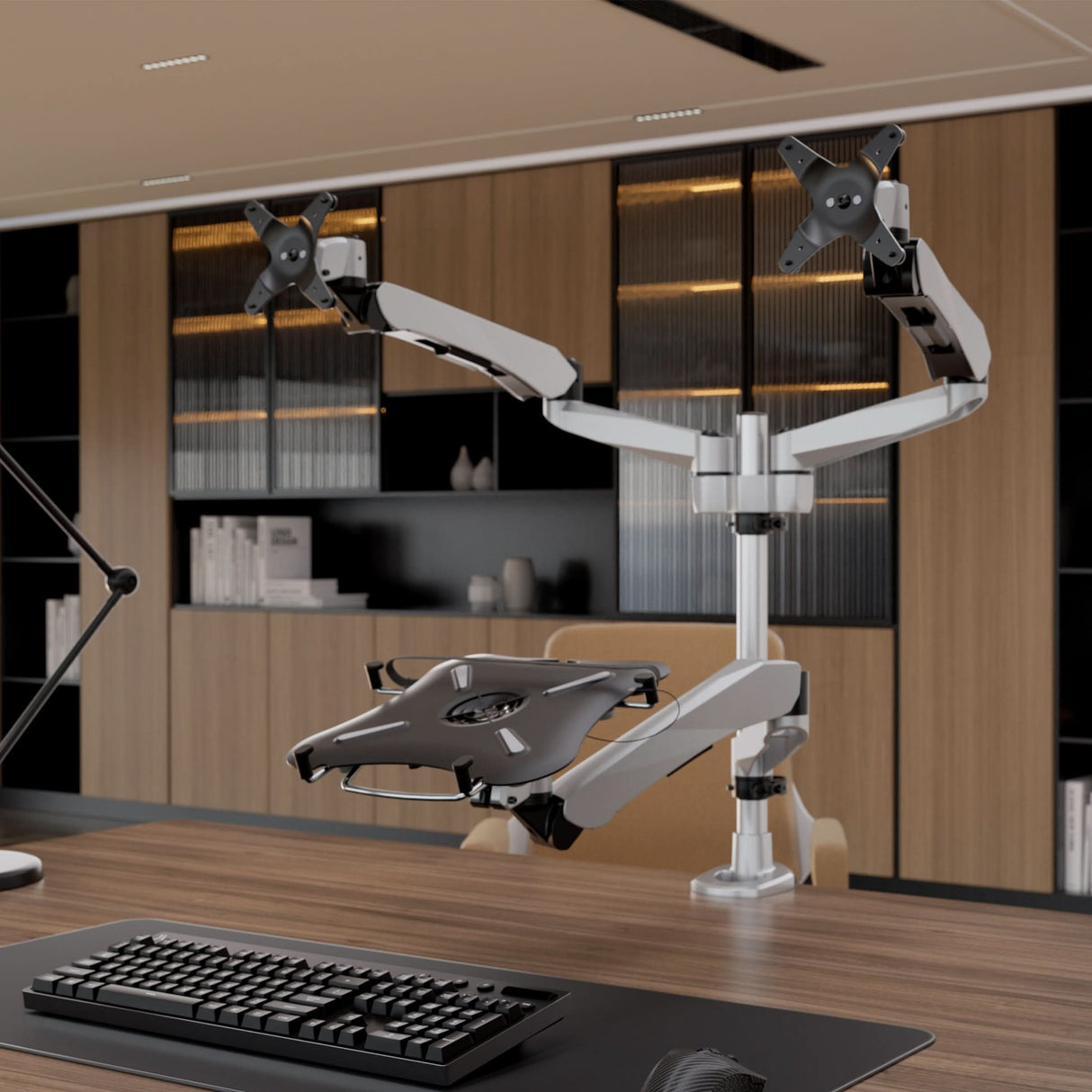 Full Motion Dual Monitor + Laptop Mount with Cooling Fan Silver Monitor Mount - Full Motion Dual Monitor + Laptop Mount with Cooling Fan - Mount-It! - MI-75826