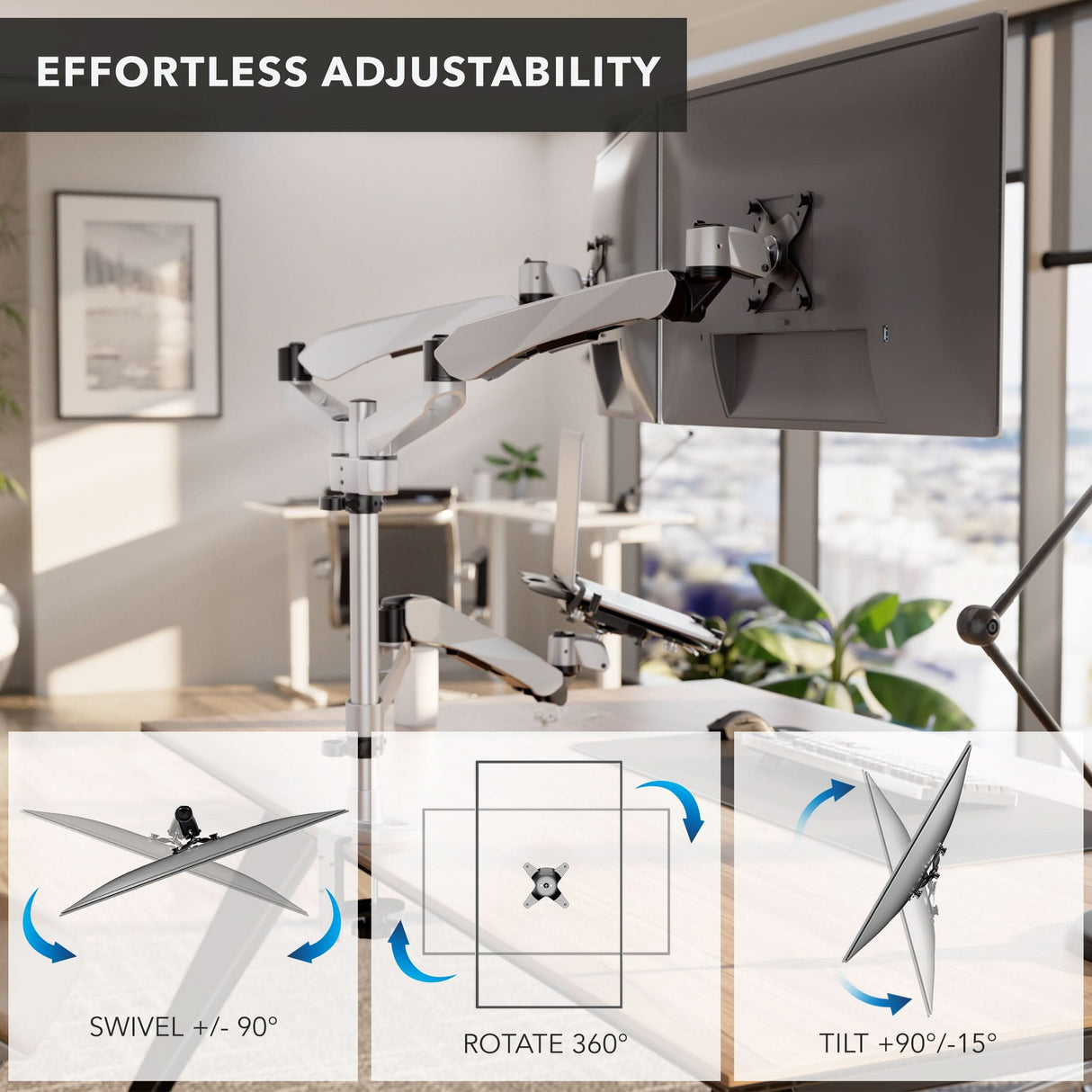 Full Motion Dual Monitor + Laptop Mount with Cooling Fan Silver Monitor Mount - Full Motion Dual Monitor + Laptop Mount with Cooling Fan - Mount-It! - MI-75826
