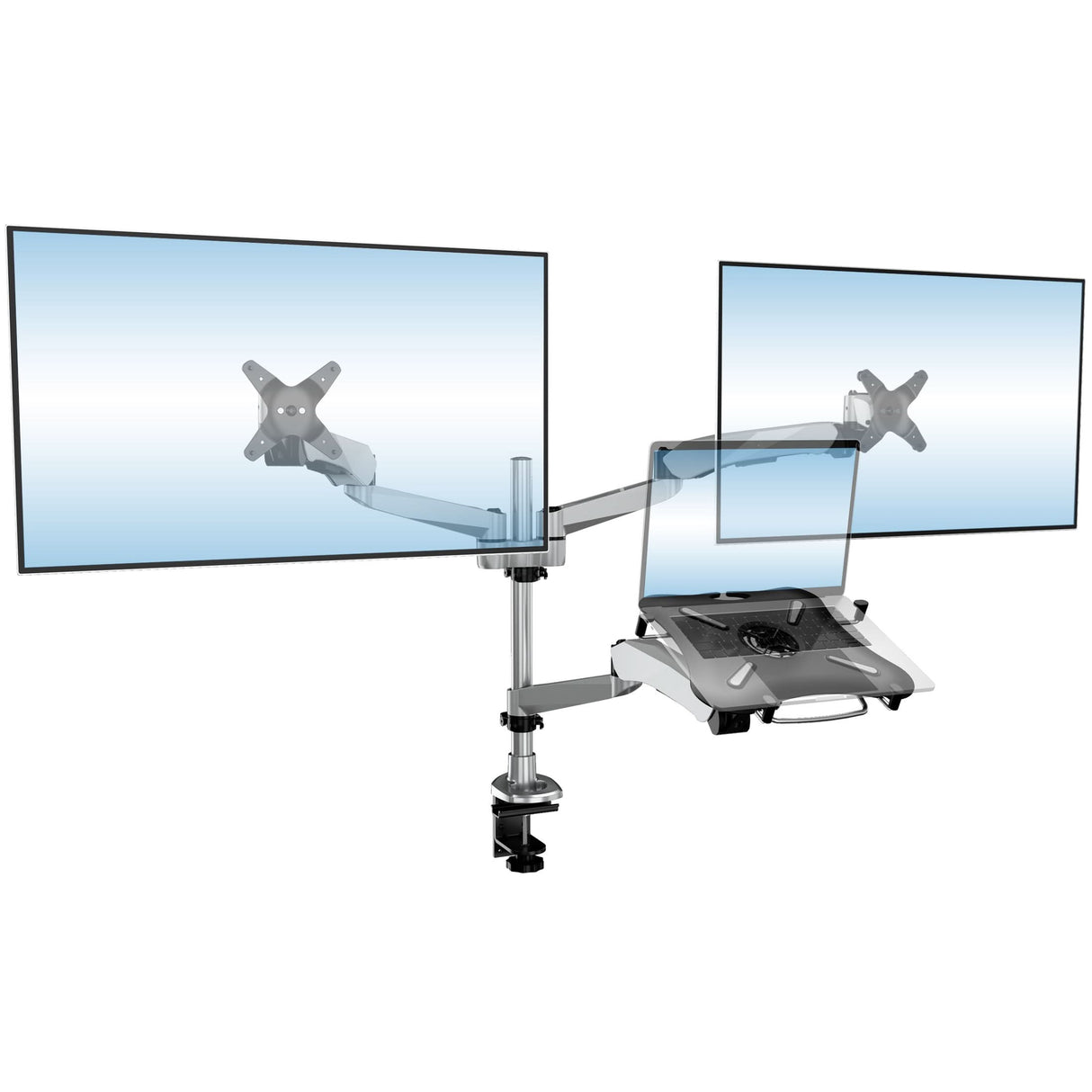 Full Motion Dual Monitor + Laptop Mount with Cooling Fan Silver Monitor Mount - Full Motion Dual Monitor + Laptop Mount with Cooling Fan - Mount-It! - MI-75826