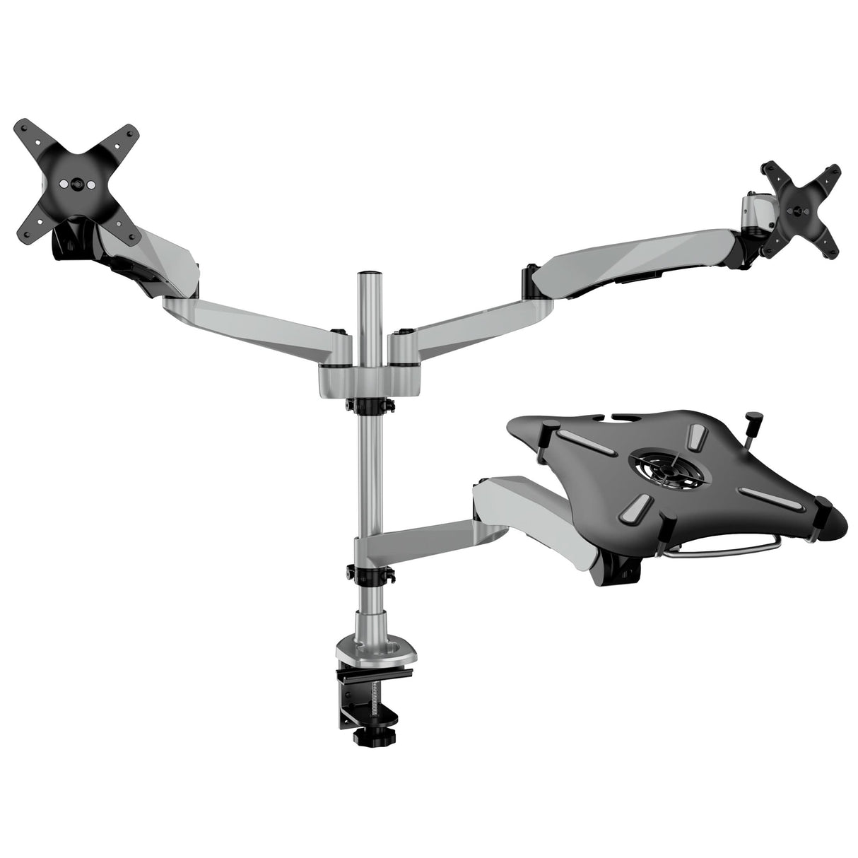 Full Motion Dual Monitor + Laptop Mount with Cooling Fan Silver Monitor Mount - Full Motion Dual Monitor + Laptop Mount with Cooling Fan - Mount-It! - MI-75826