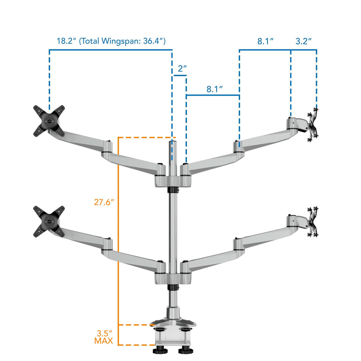 Full Motion Quad Monitor Desk Mount Silver Monitor Mount - Full Motion Quad Monitor Desk Mount - Mount-It! - MI-63156