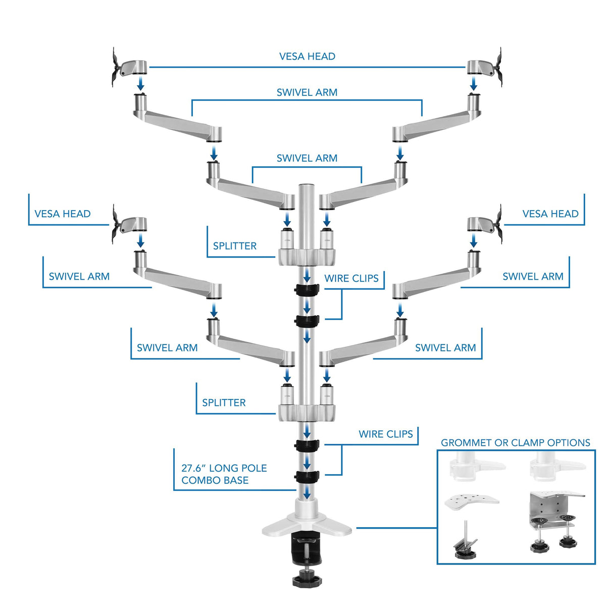 Full Motion Quad Monitor Desk Mount Silver Monitor Mount - Full Motion Quad Monitor Desk Mount - Mount-It! - MI-63156