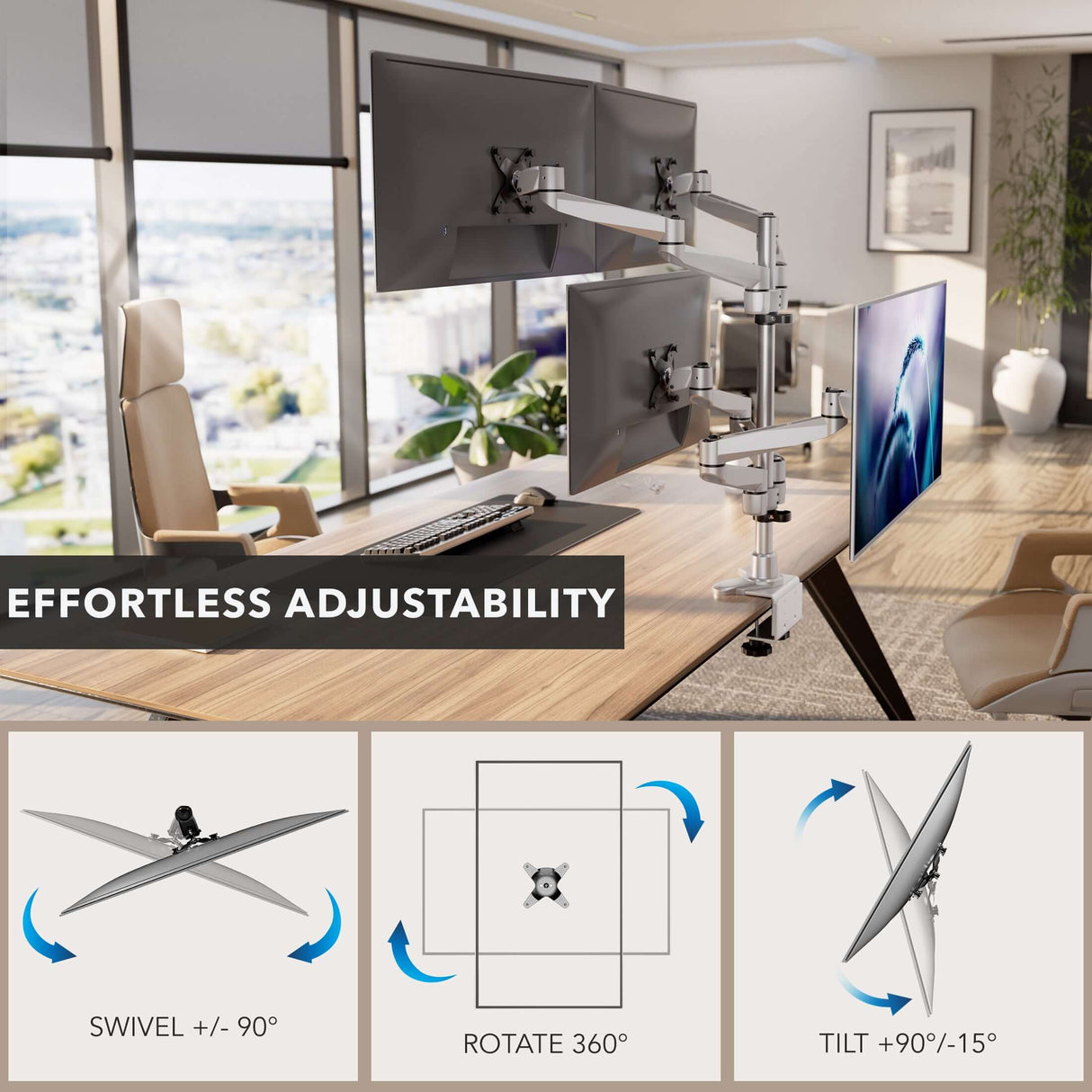 Full Motion Quad Monitor Desk Mount Silver Monitor Mount - Full Motion Quad Monitor Desk Mount - Mount-It! - MI-63156