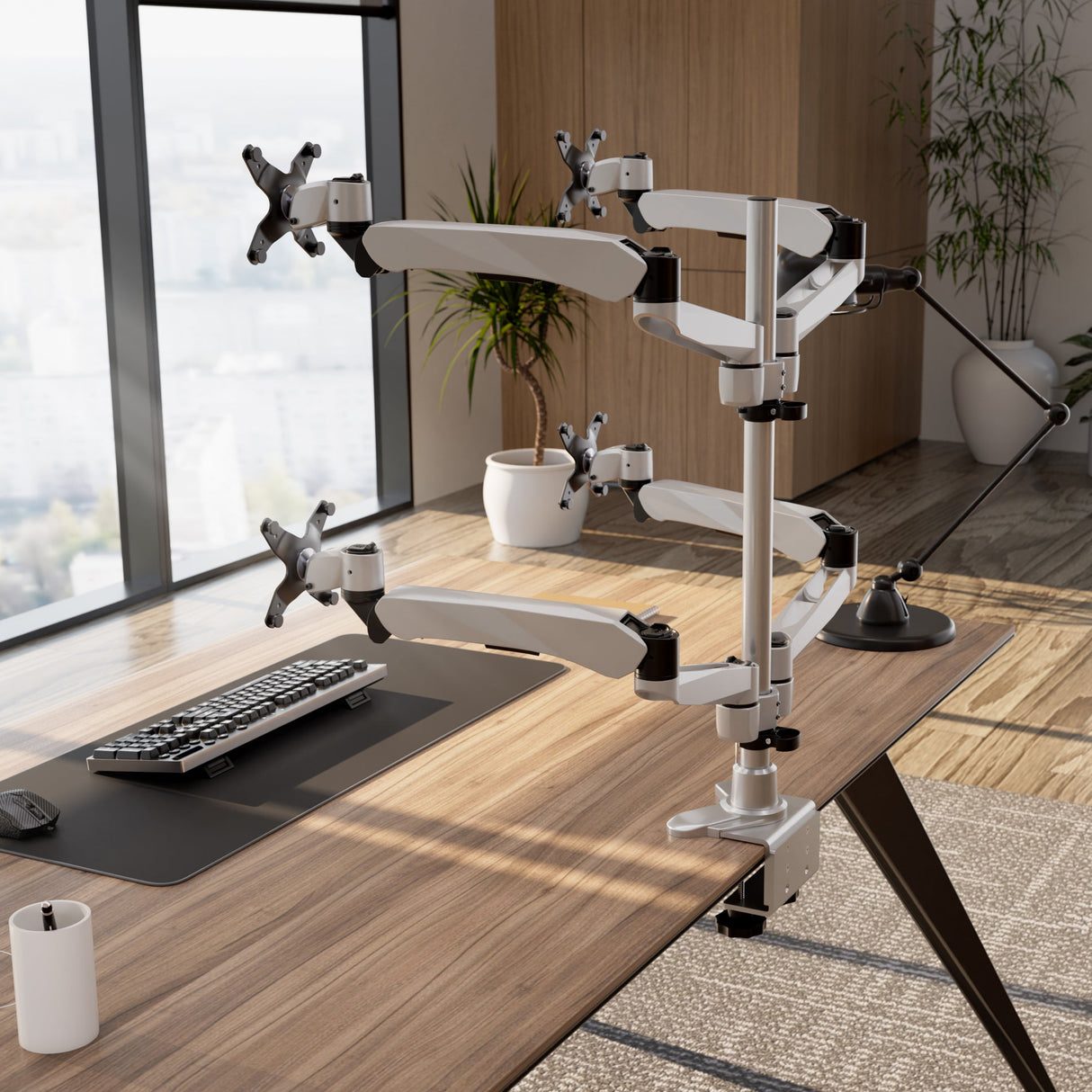 Full Motion Quad Monitor Desk Mount with Gas Spring Arms Silver Monitor Mount - Full Motion Quad Monitor Desk Mount with Gas Spring Arms - Mount-It! - MI-65156