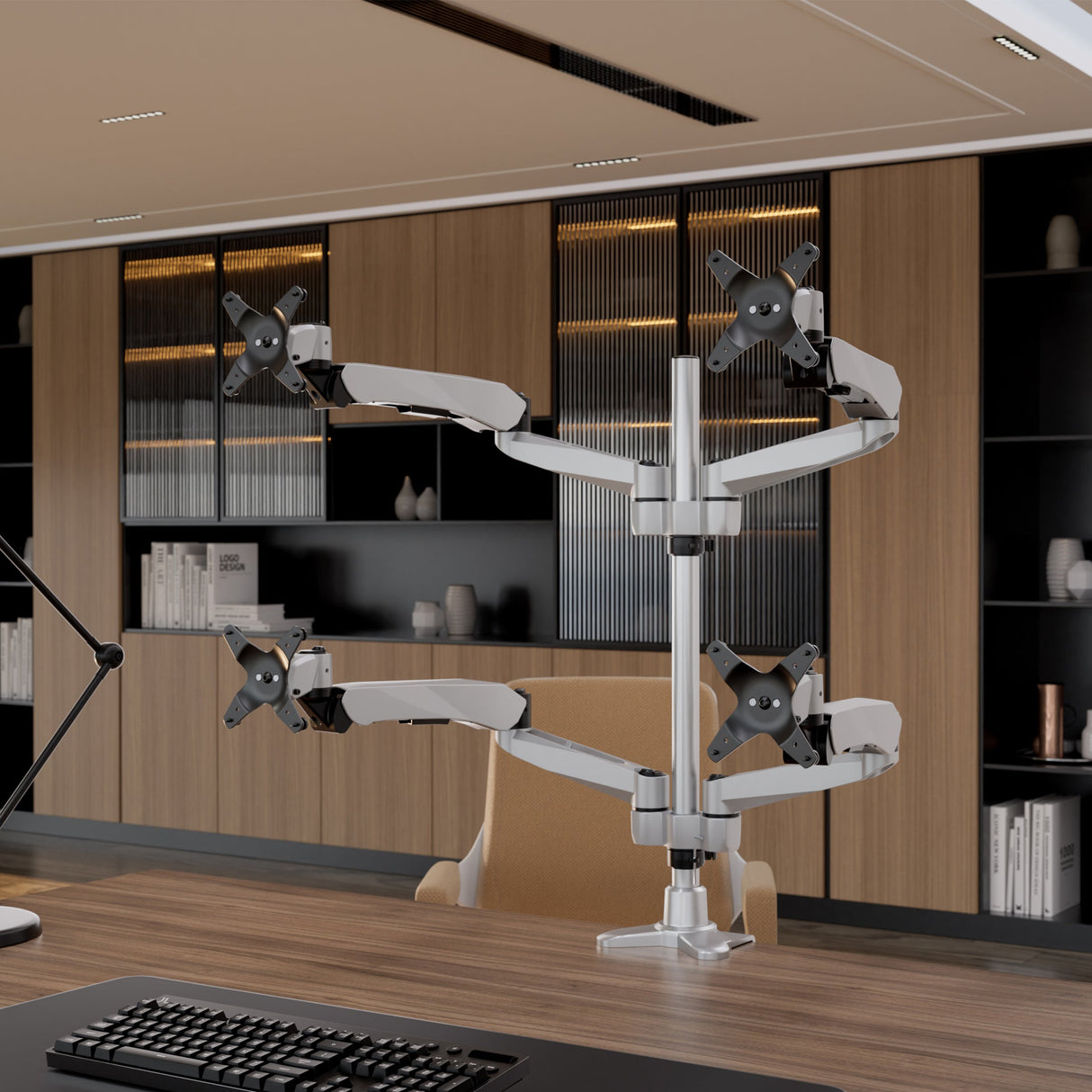 Full Motion Quad Monitor Desk Mount with Gas Spring Arms Silver Monitor Mount - Full Motion Quad Monitor Desk Mount with Gas Spring Arms - Mount-It! - MI-65156