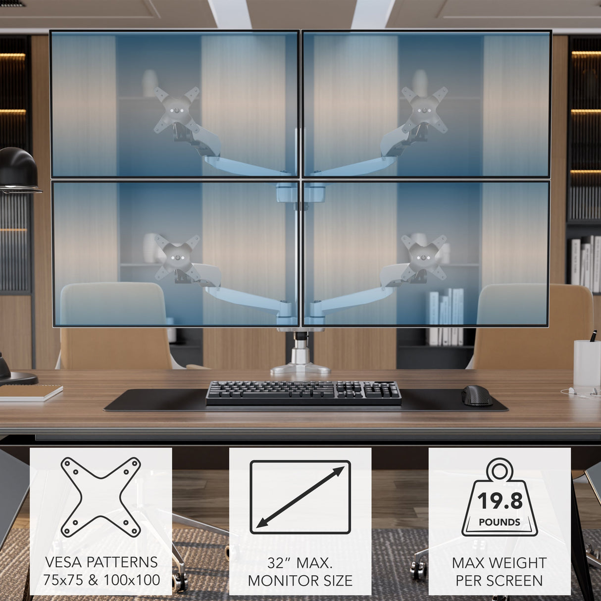 Full Motion Quad Monitor Desk Mount with Gas Spring Arms Silver Monitor Mount - Full Motion Quad Monitor Desk Mount with Gas Spring Arms - Mount-It! - MI-65156