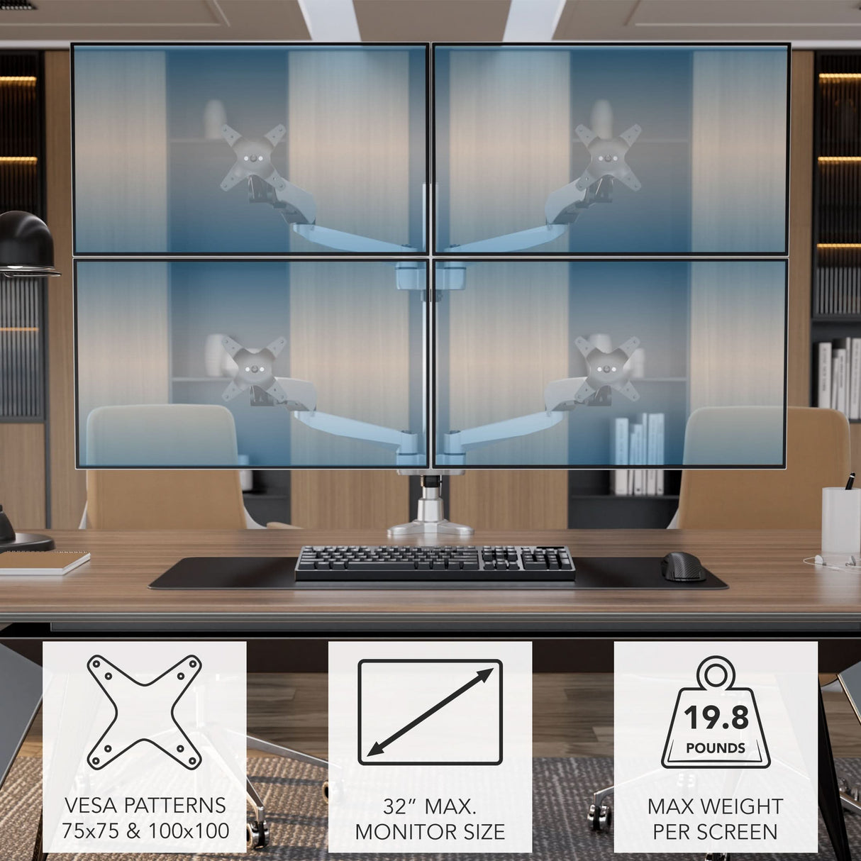 Full Motion Quad Monitor Desk Mount with Gas Spring Arms Silver Monitor Mount - Full Motion Quad Monitor Desk Mount with Gas Spring Arms - Mount-It! - MI-65156