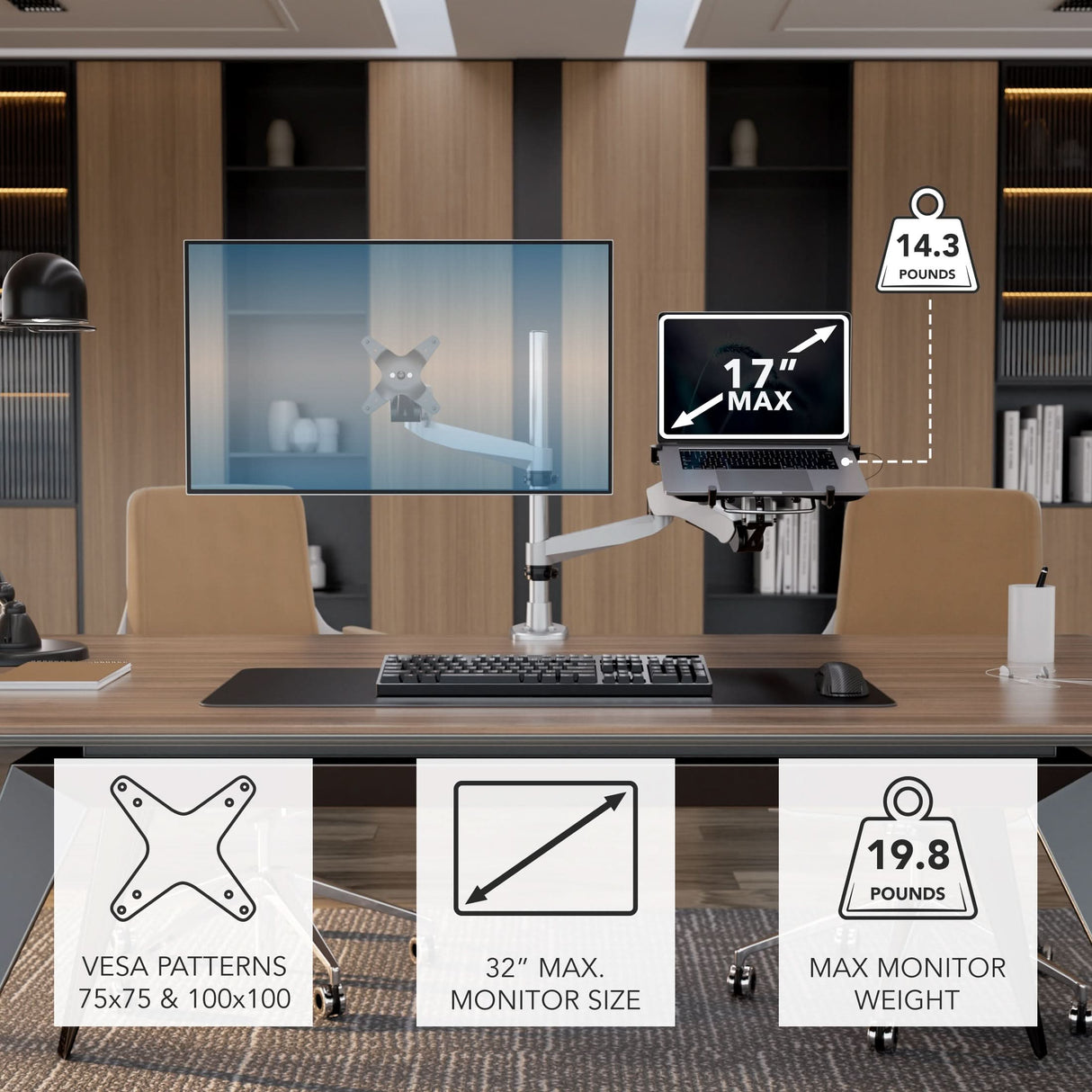 Full Motion Single Monitor + Laptop Mount with Cooling Fan Silver Monitor Mount - Full Motion Single Monitor + Laptop Mount with Cooling Fan - Mount-It! - MI-75816