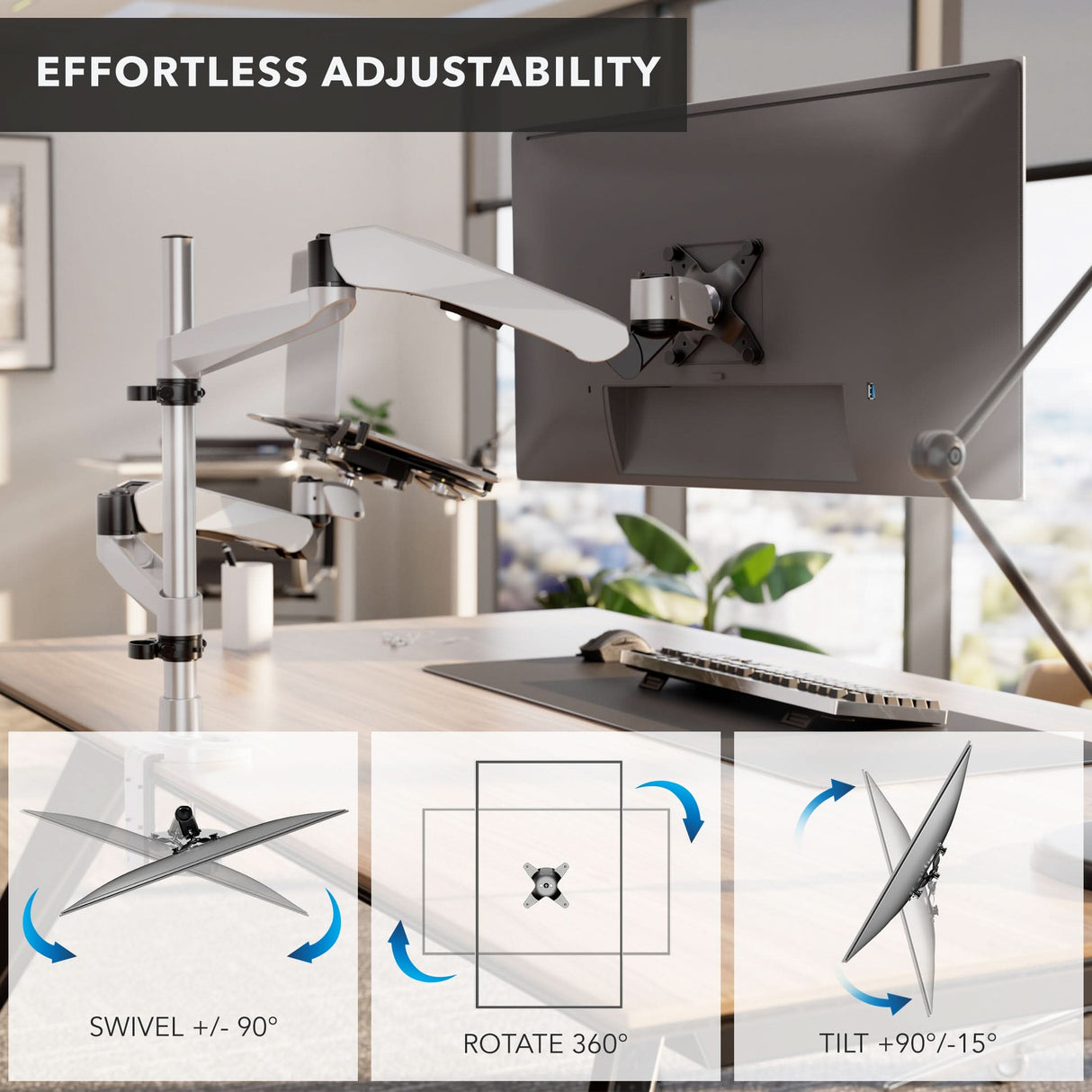 Full Motion Single Monitor + Laptop Mount with Cooling Fan Silver Monitor Mount - Full Motion Single Monitor + Laptop Mount with Cooling Fan - Mount-It! - MI-75816