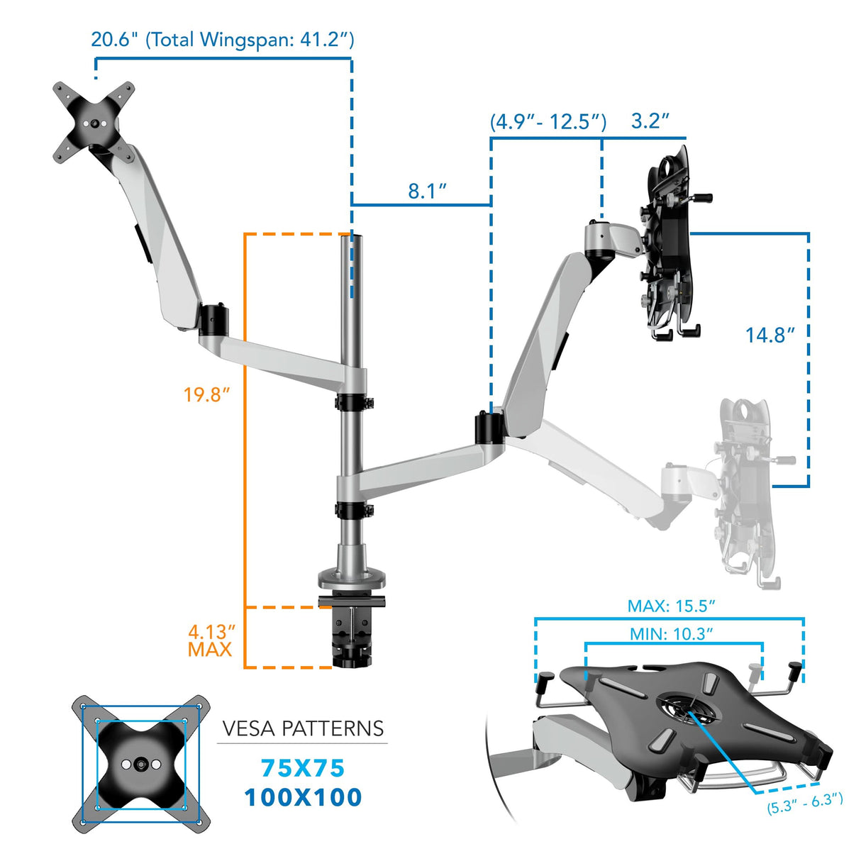 Full Motion Single Monitor + Laptop Mount with Cooling Fan Silver Monitor Mount - Full Motion Single Monitor + Laptop Mount with Cooling Fan - Mount-It! - MI-75816