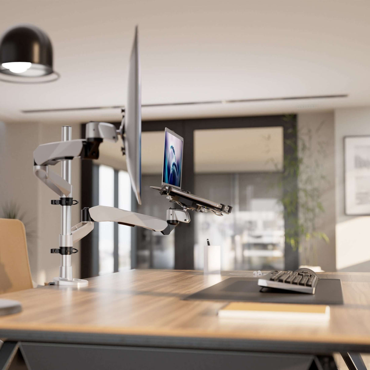 Full Motion Single Monitor + Laptop Mount with Cooling Fan Silver Laptop Mount - Full Motion Single Monitor + Laptop Mount with Cooling Fan - Mount-It! - MI-75816