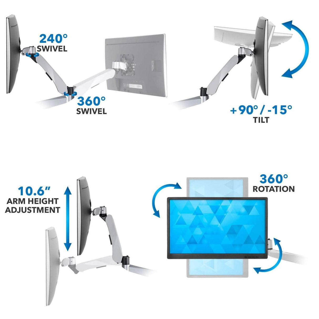 Full-Motion Triple Monitor Desk Mount for Grommet Installation Silver Monitor Mount - Full-Motion Triple Monitor Desk Mount - Mount-It! - MI-55111