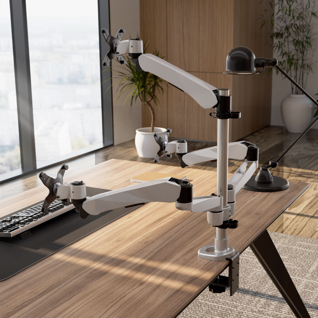 Full Motion Triple Pyramid Monitor Desk Mount with Gas Spring Arms Silver Monitor Mount - Full Motion Triple Pyramid Monitor Desk Mount with Gas Spring Arms - Mount-It! - MI-55116