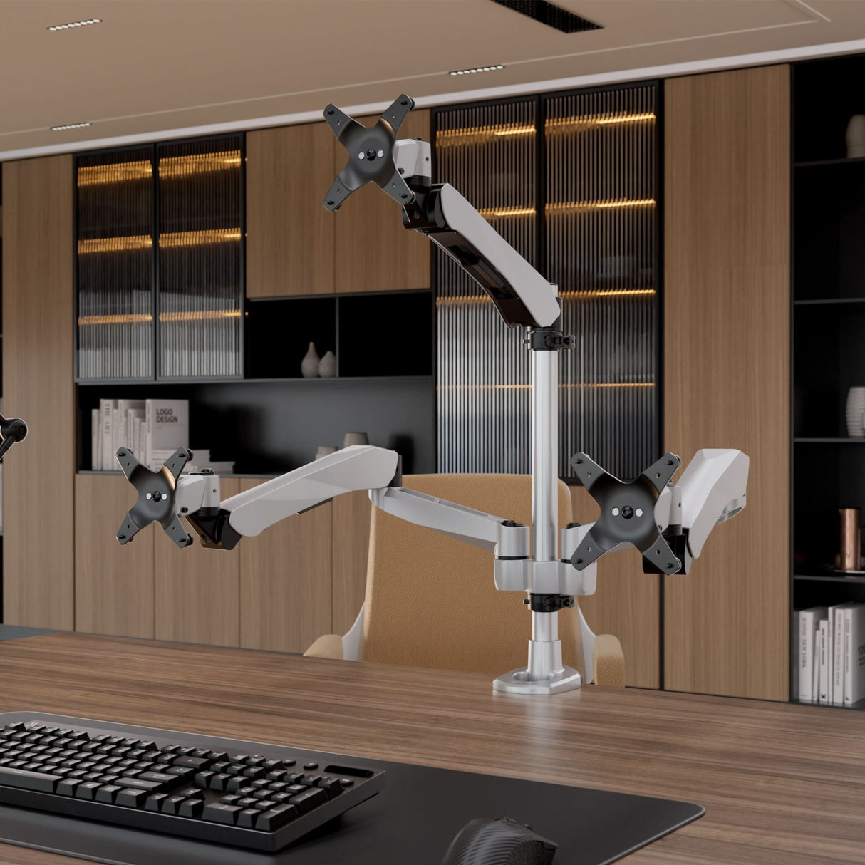 Full Motion Triple Pyramid Monitor Desk Mount with Gas Spring Arms Silver Monitor Mount - Full Motion Triple Pyramid Monitor Desk Mount with Gas Spring Arms - Mount-It! - MI-55116