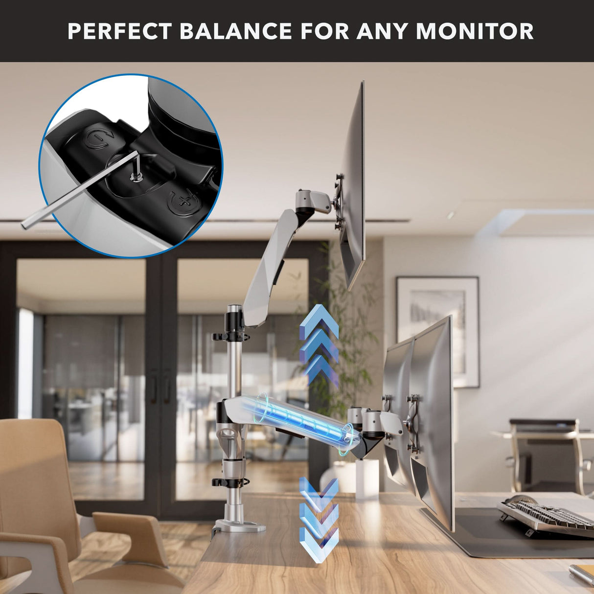 Full Motion Triple Pyramid Monitor Desk Mount with Gas Spring Arms Silver Monitor Mount - Full Motion Triple Pyramid Monitor Desk Mount with Gas Spring Arms - Mount-It! - MI-55116