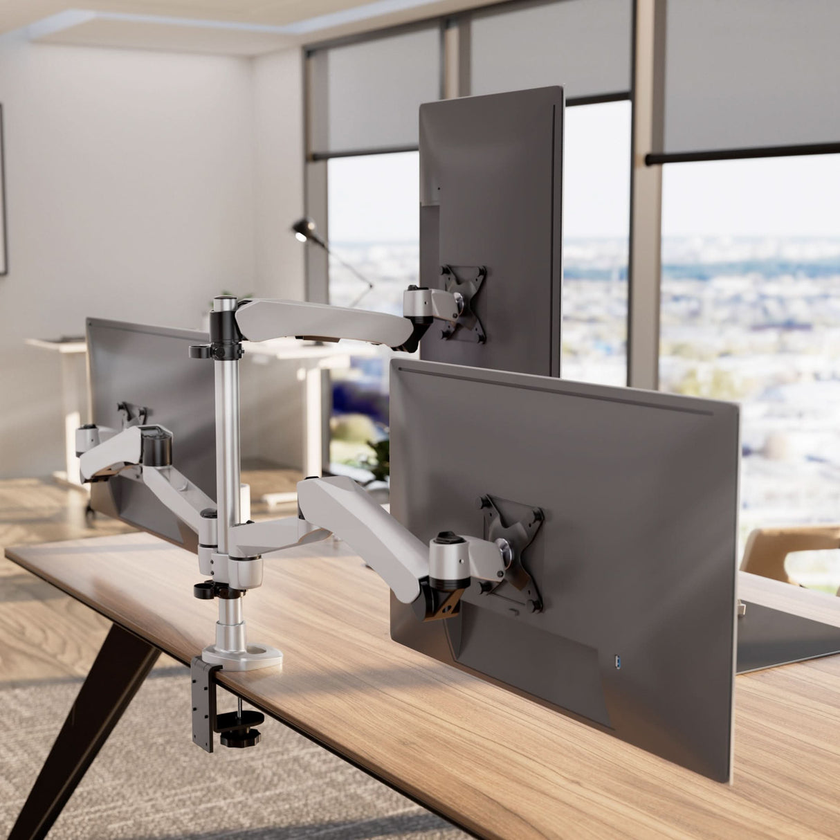 Full Motion Triple Pyramid Monitor Desk Mount with Gas Spring Arms Silver Monitor Mount - Full Motion Triple Pyramid Monitor Desk Mount with Gas Spring Arms - Mount-It! - MI-55116