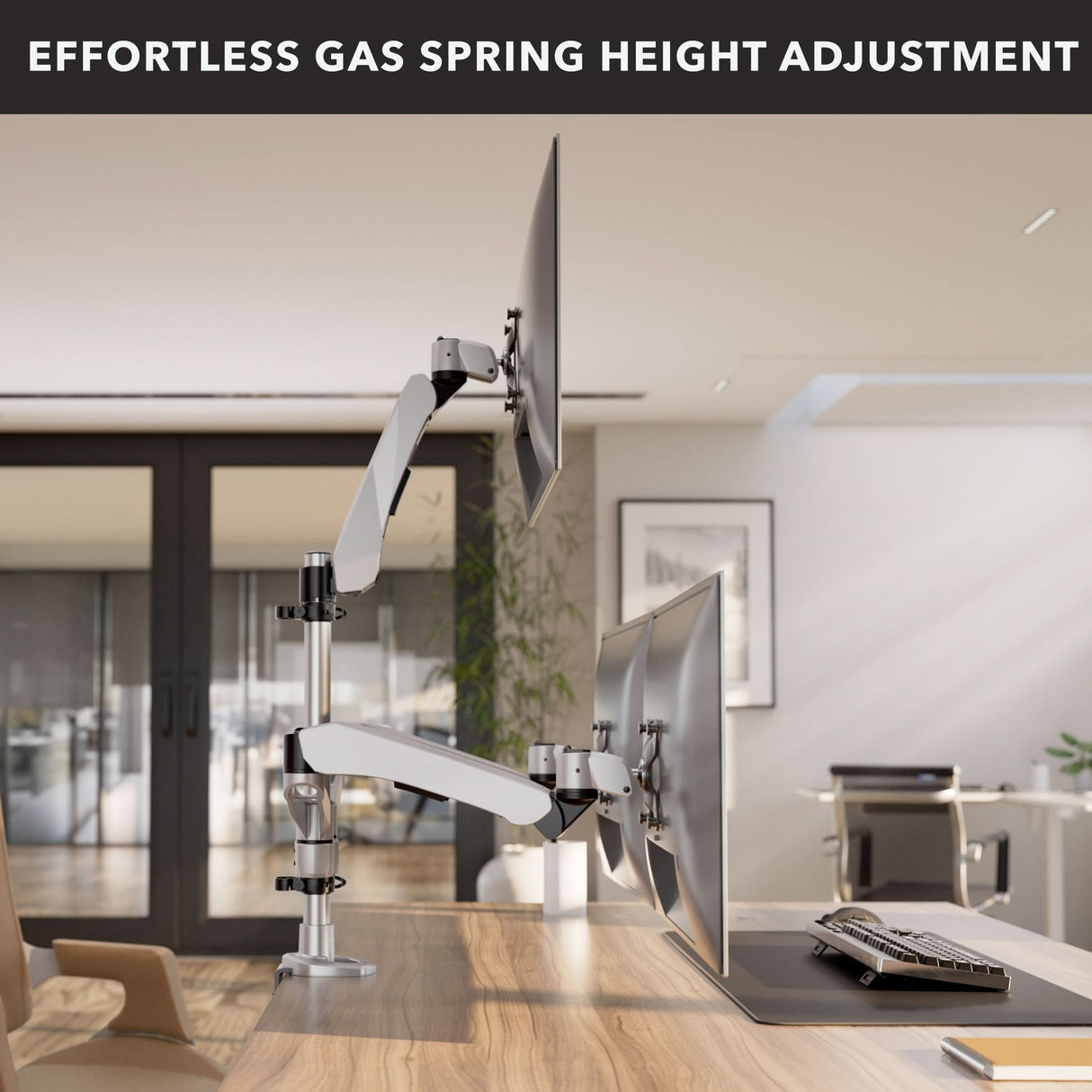 Full Motion Triple Pyramid Monitor Desk Mount with Gas Spring Arms Silver Monitor Mount - Full Motion Triple Pyramid Monitor Desk Mount with Gas Spring Arms - Mount-It! - MI-55116