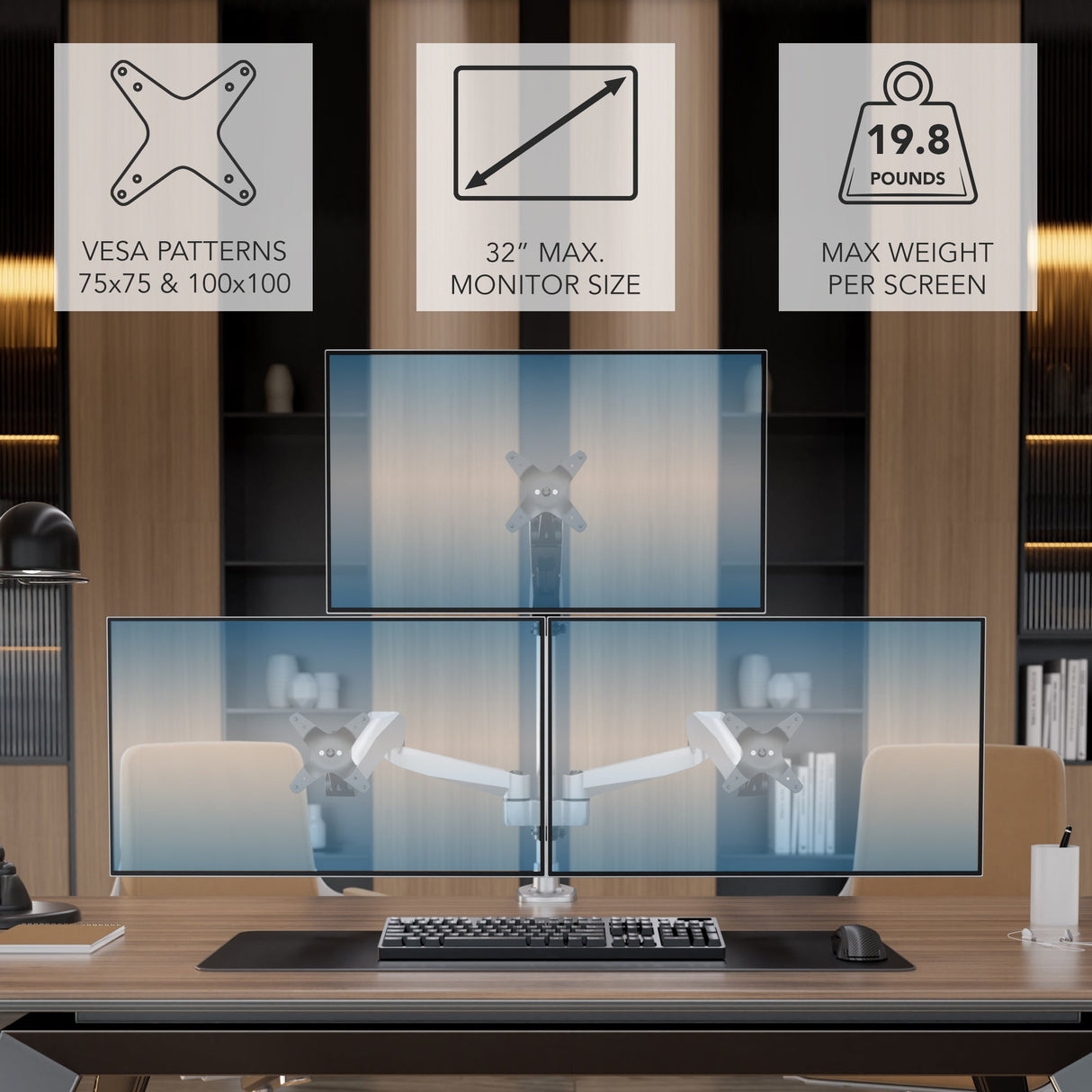 Full Motion Triple Pyramid Monitor Desk Mount with Gas Spring Arms Silver Monitor Mount - Full Motion Triple Pyramid Monitor Desk Mount with Gas Spring Arms - Mount-It! - MI-55116