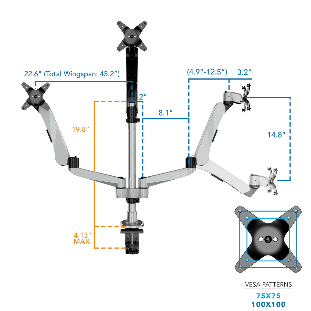 Full Motion Triple Pyramid Monitor Desk Mount with Gas Spring Arms Silver Monitor Mount - Full Motion Triple Pyramid Monitor Desk Mount with Gas Spring Arms - Mount-It! - MI-55116