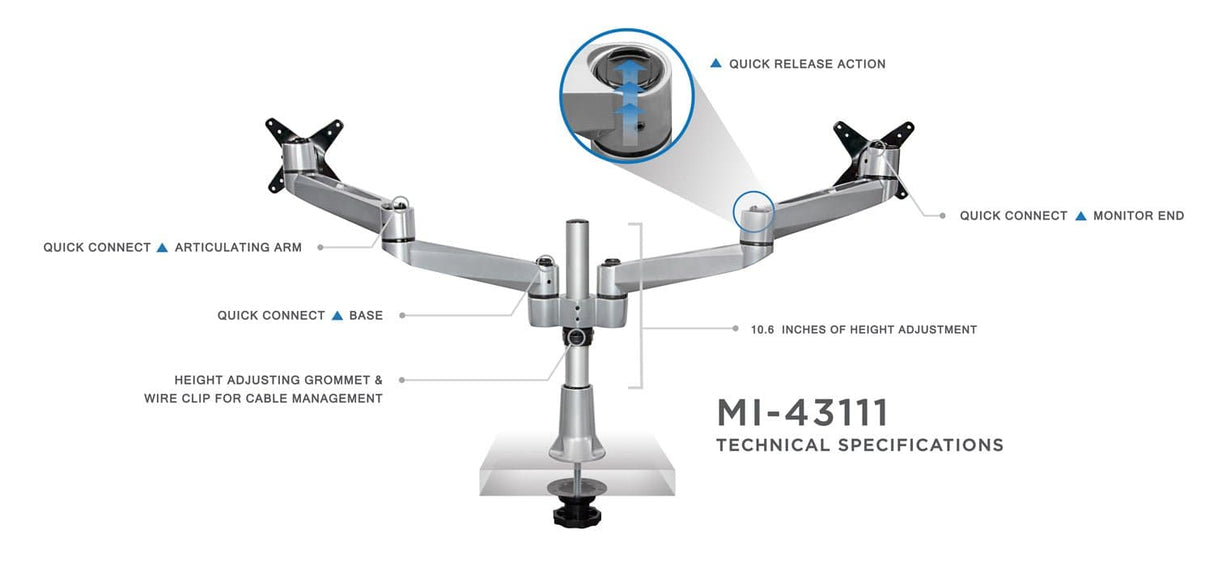 Heavy Duty Articulating Dual Monitor Desk Mount for Grommet Installation Silver Monitor Mount - Heavy Duty Articulating Dual Monitor Desk Mount - Mount-It! - MI-43111