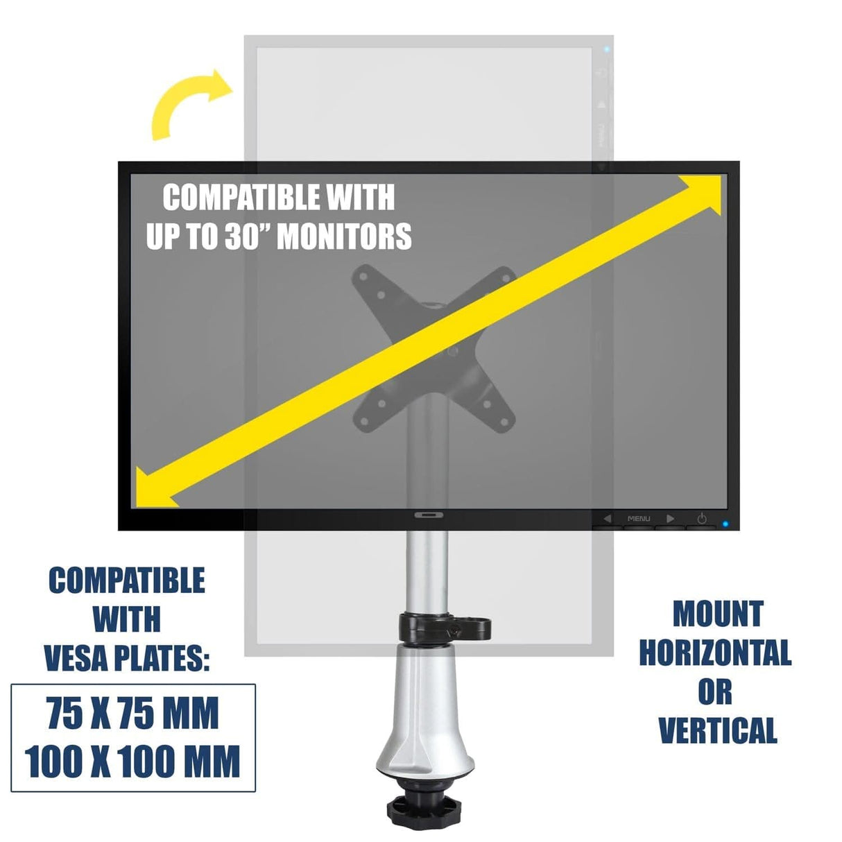 Height Adjustable & Articulating Single Monitor Desk Mount for Grommet Installation Silver Monitor Mount - Height Adjustable & Articulating Single Monitor Desk Mount - Mount-It! - MI-31111