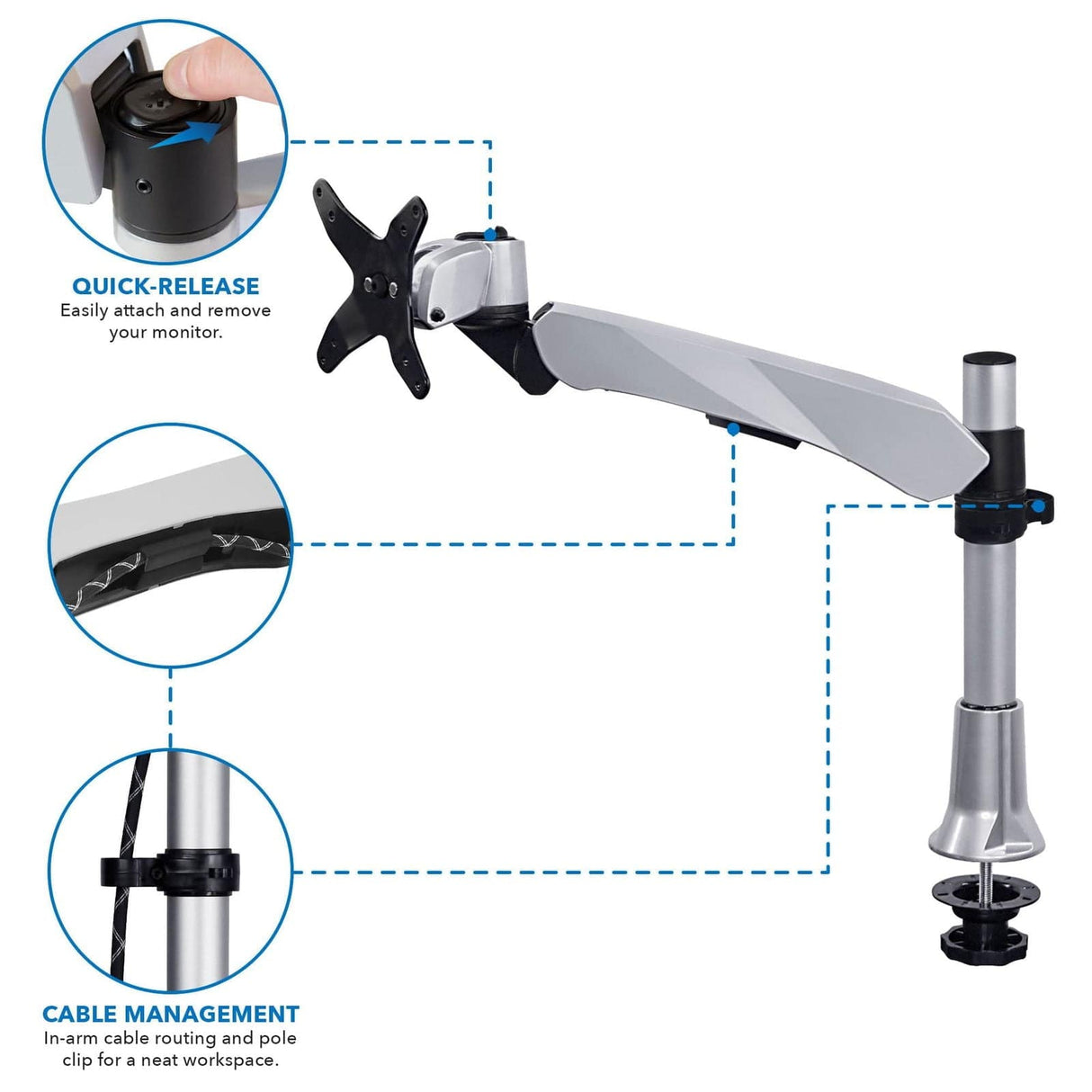 Height Adjustable Single Monitor Desk Mount Silver Monitor Mount - Height Adjustable Single Monitor Desk Mount - Mount-It! - MI-34111