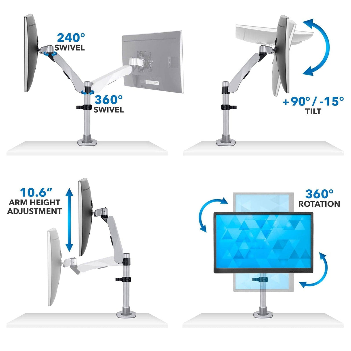 Premium Single Monitor Desk Mount Silver Monitor Mount - Premium Single Monitor Desk Mount - Mount-It! - MI-34116