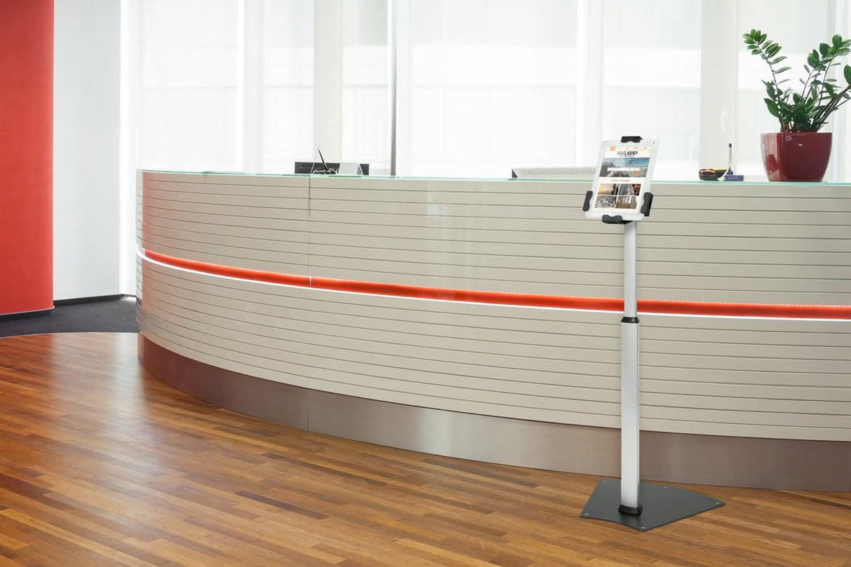 Secure Universal Tablet Floor Stand with Lock Silver Tablet Stand - Secure Universal Tablet Floor Stand with Lock - Mount-It! - MI-3786