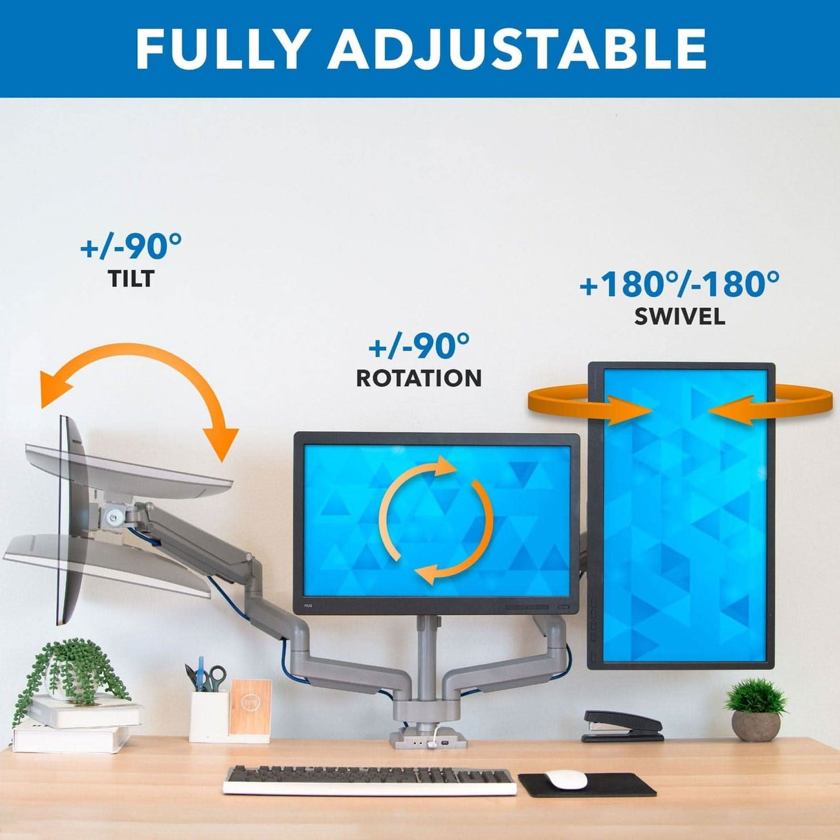 Triple Monitor Desk Mount w/ USB, USB-C & Audio Ports Silver Monitor Mount - Triple Monitor Desk Mount w/ USB, USB-C & Audio Ports - Mount-It! - MI-2753