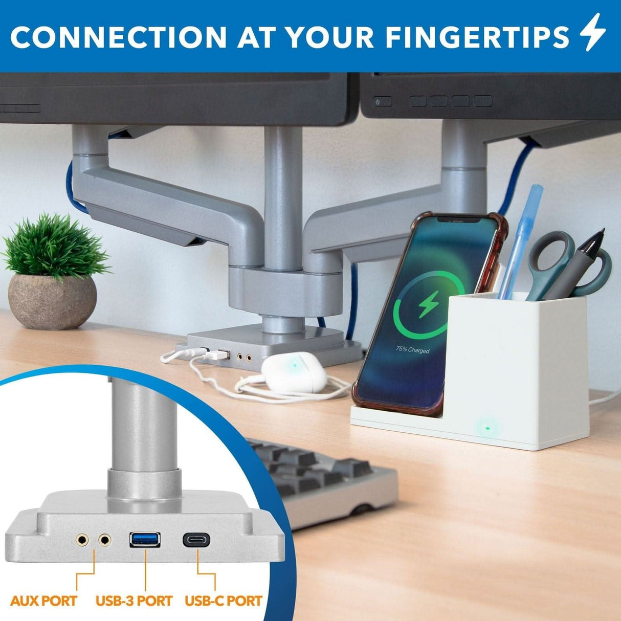 Triple Monitor Desk Mount w/ USB, USB-C & Audio Ports Silver Monitor Mount - Triple Monitor Desk Mount w/ USB, USB-C & Audio Ports - Mount-It! - MI-2753