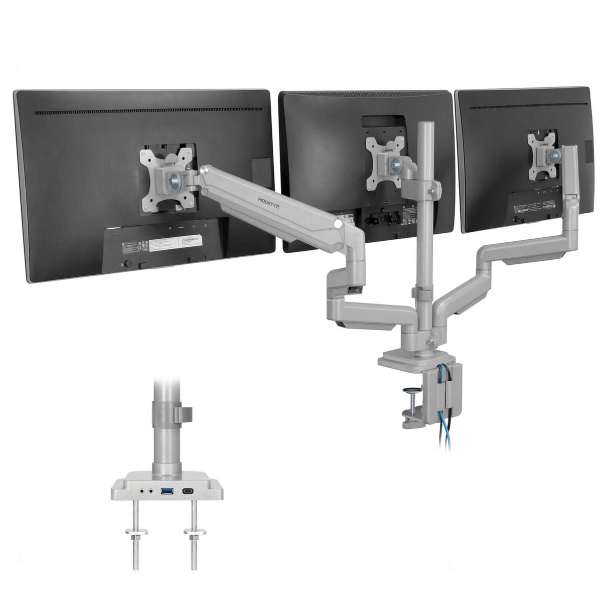 Triple Monitor Desk Mount w/ USB, USB-C & Audio Ports Silver Monitor Mount - Triple Monitor Desk Mount w/ USB, USB-C & Audio Ports - Mount-It! - MI-2753
