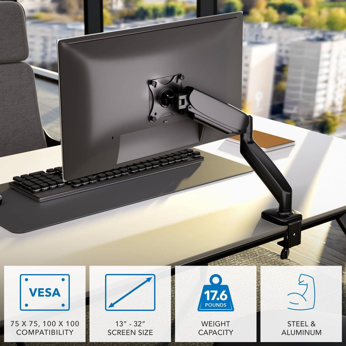 Single Monitor Desk Mount with Gas Spring Arm Monitor Mount - Single Monitor Desk Mount with Gas Spring Arm - Mount-It! - MI-1881BLK