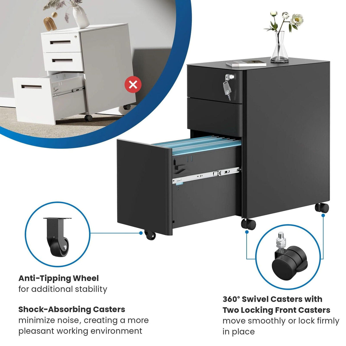 Slim Rolling File Cabinet with 3 Drawers File Cabinet - Slim Rolling File Cabinet with 3 Drawers - Mount-It! -