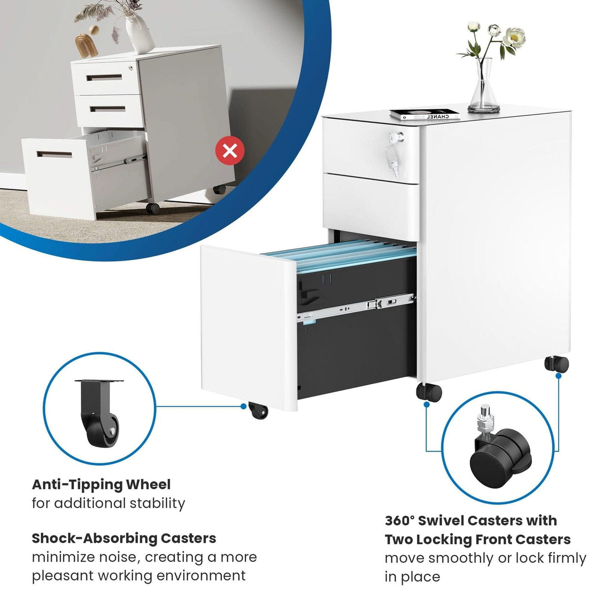 Slim Rolling File Cabinet with 3 Drawers File Cabinet - Slim Rolling File Cabinet with 3 Drawers - Mount-It! -