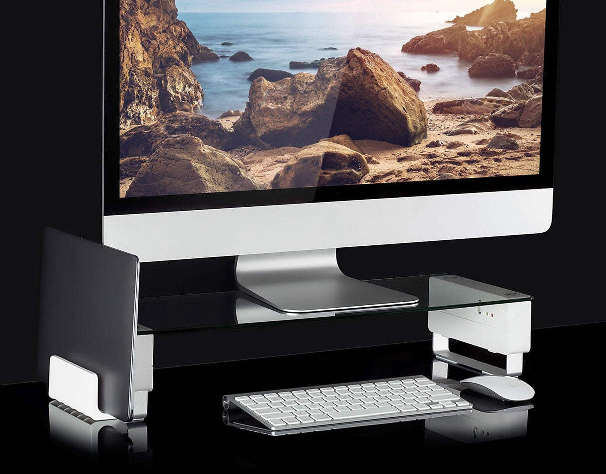 Tempered Glass Monitor Stand with USB Monitor Risers - Tempered Glass & Aluminum Monitor Stand with USB - Mount-It! - MI-7265