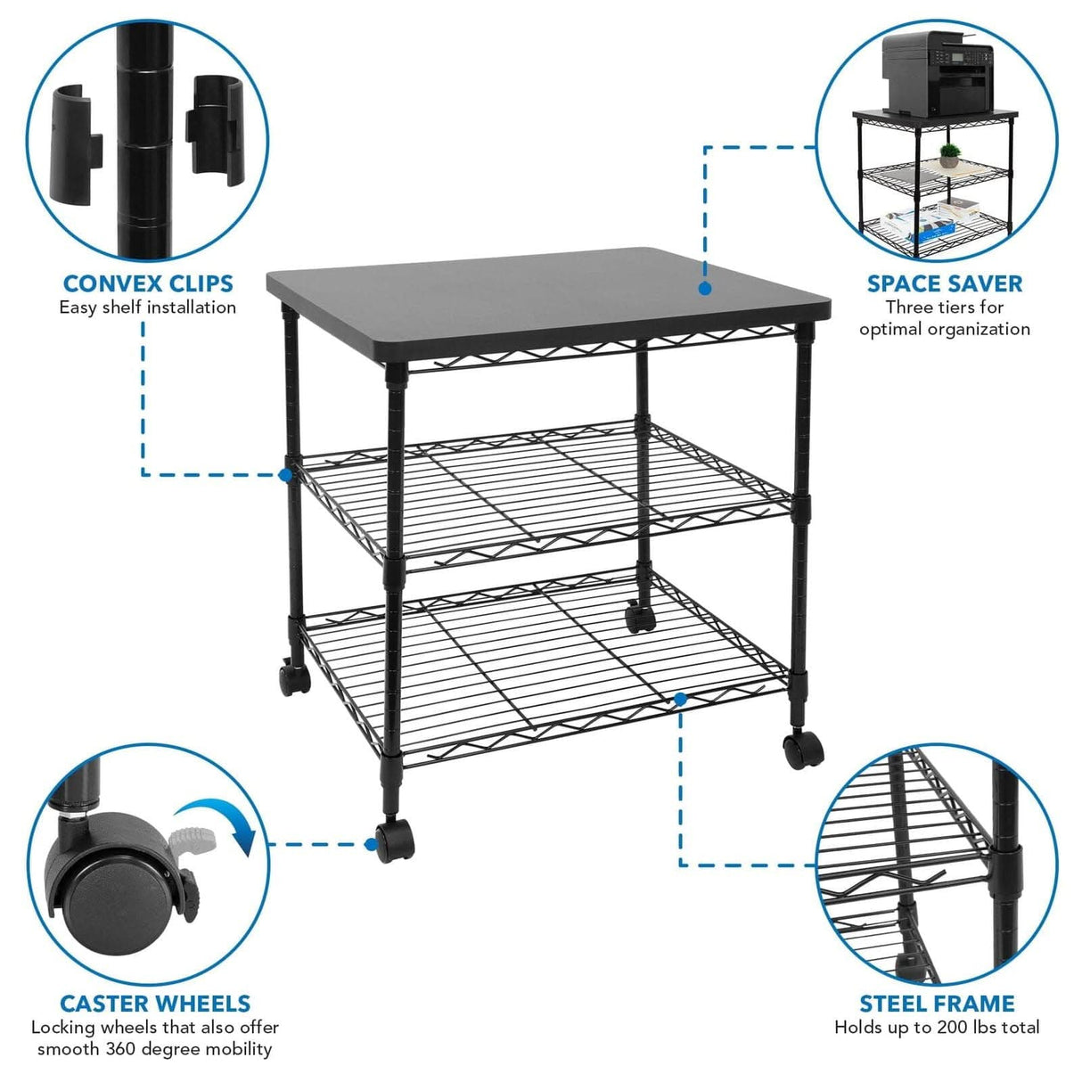 Three-Tier Large Printer Cart with Wheels Printer Stand - Three-Tier Large Printer Cart with Wheels - Mount-It! - MI-7856