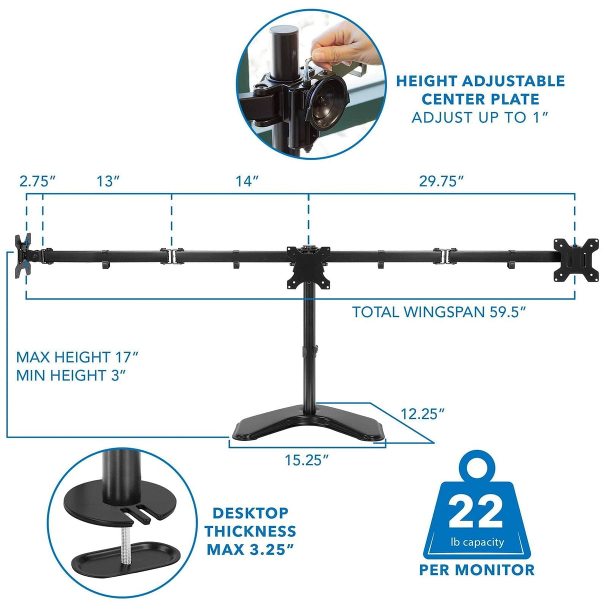 Triple Monitor Stand for Screens up to 27" Monitor Stands - Triple Monitor Stand for Screens up to 27" - Mount-It! - MI-2789XL