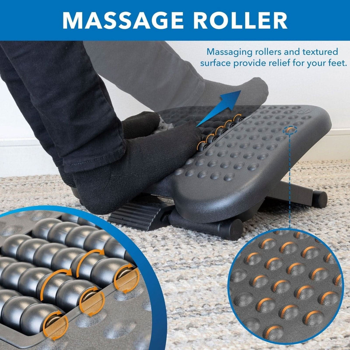 Under Desk Office Footrest with 3-Level Height Adjustment and Rolling Massaging Surface | 17 x 13 Inches Footrests - Under Desk Office Footrest with 3-Level Height Adjustment and Rolling Massaging Surface | 17 x 13 Inches - Mount-It! - MI-7809