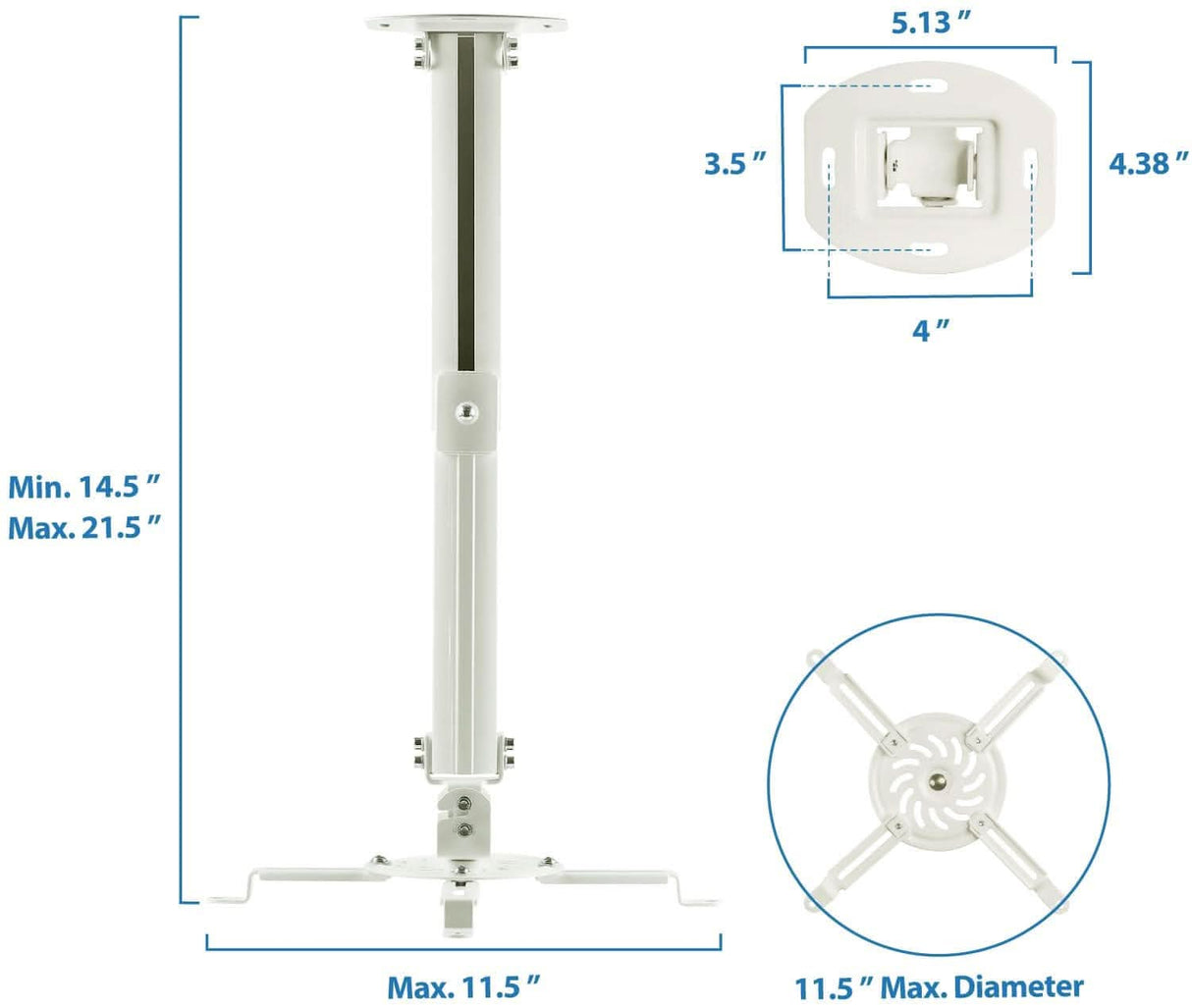 Universal Projector Ceiling Mount - 15" to 22.8" Height Adjustment Projector Mount - Universal Projector Ceiling Mount - White - Mount-It! - MI-606B